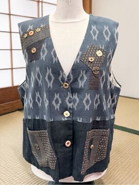 Nui Mono Hawaii Womens Sz M Kasuri Japanese-Inspired Patchwork Vest Ikat Button